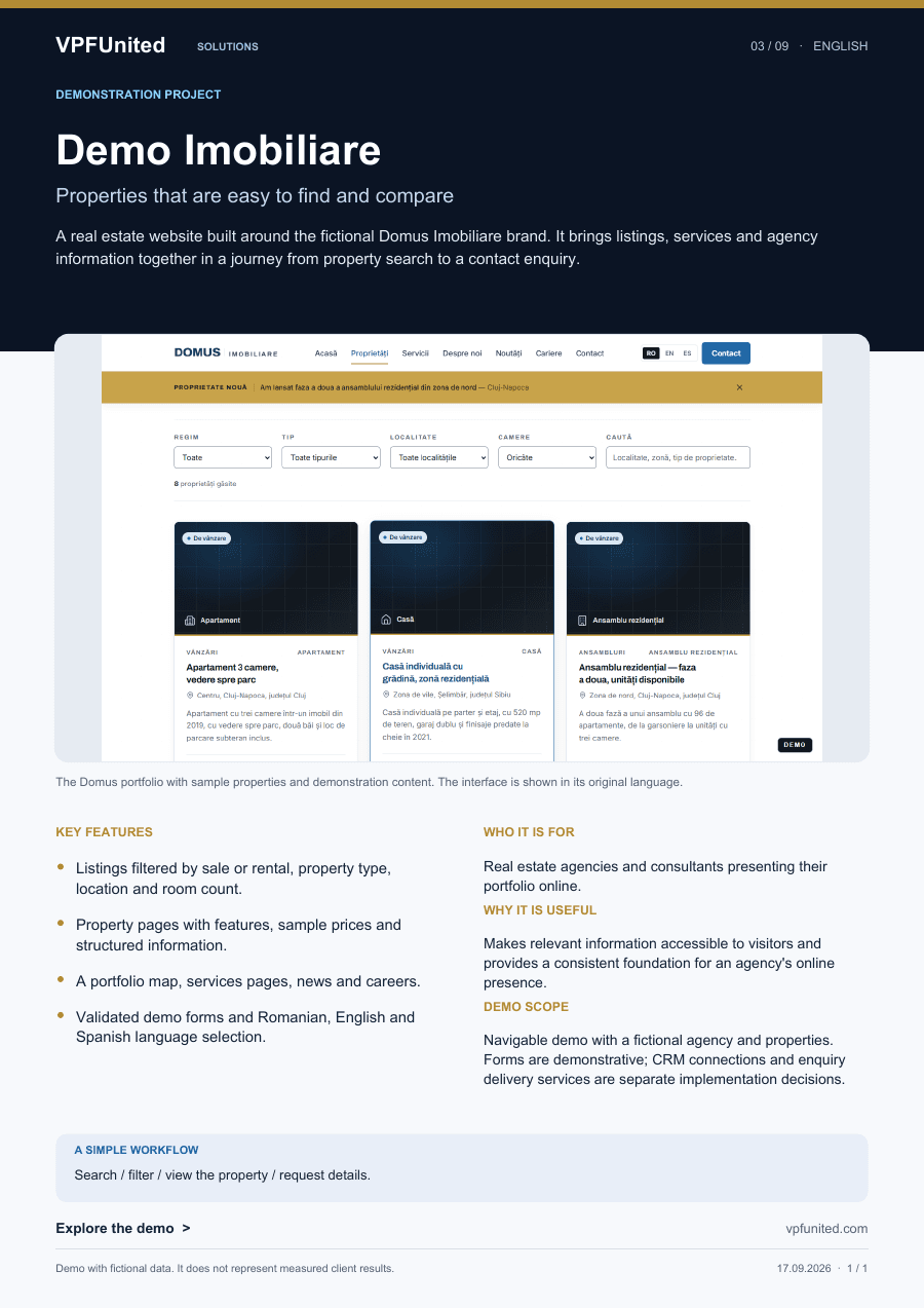 PDF overview: Demo Imobiliare property platform template overview.