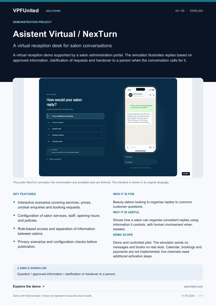 Complete English NexTurn PDF overview page, including the simulator image, described features and demonstration limitations.